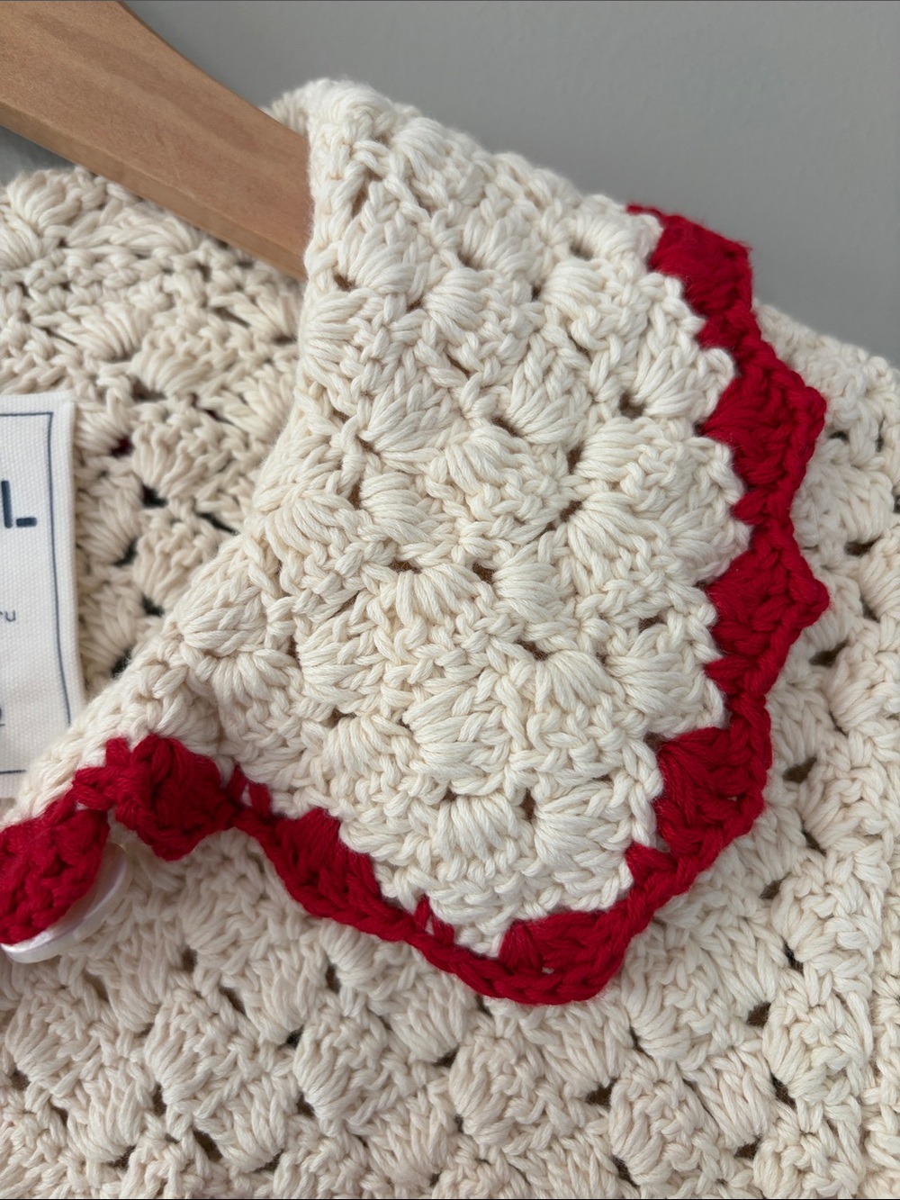 Alex Mill Molly Hand Crochet Knit Cardigan Cream  Red Large Cottagecore Coastal - Picture 3 of 10